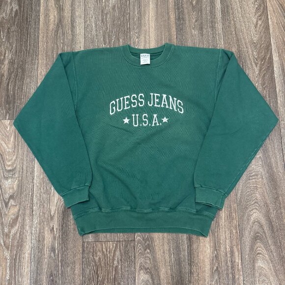 VTG Guess Jeans Sweatshirt Men's Medium Green Embroidered Crewneck 90s USA - Picture 1 of 7